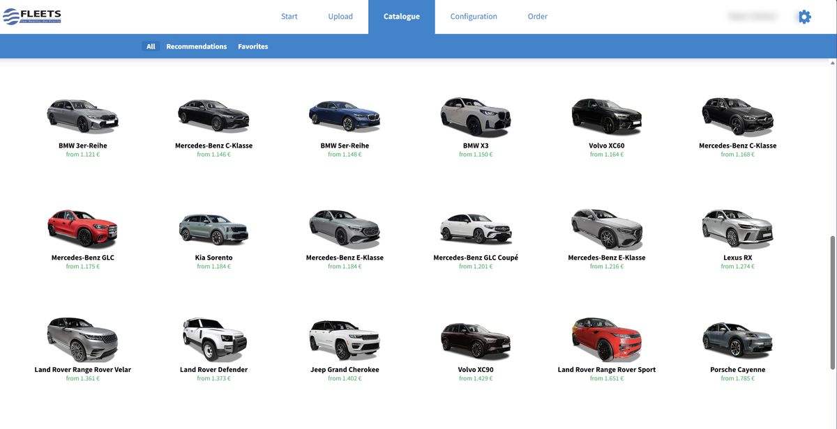 FIE Car Configurator: vehicle catalogue with monthly rates
